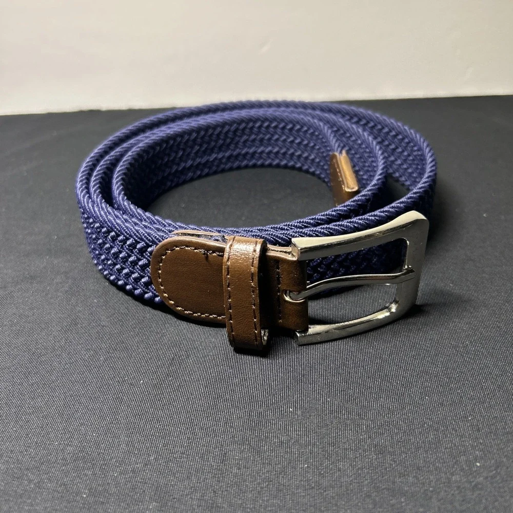 MENS BRAIDED NAVY ELASTIC STRETCH BELT 1.25 WIDTH W/ SILVER BUCKLE SIZE 44 b6